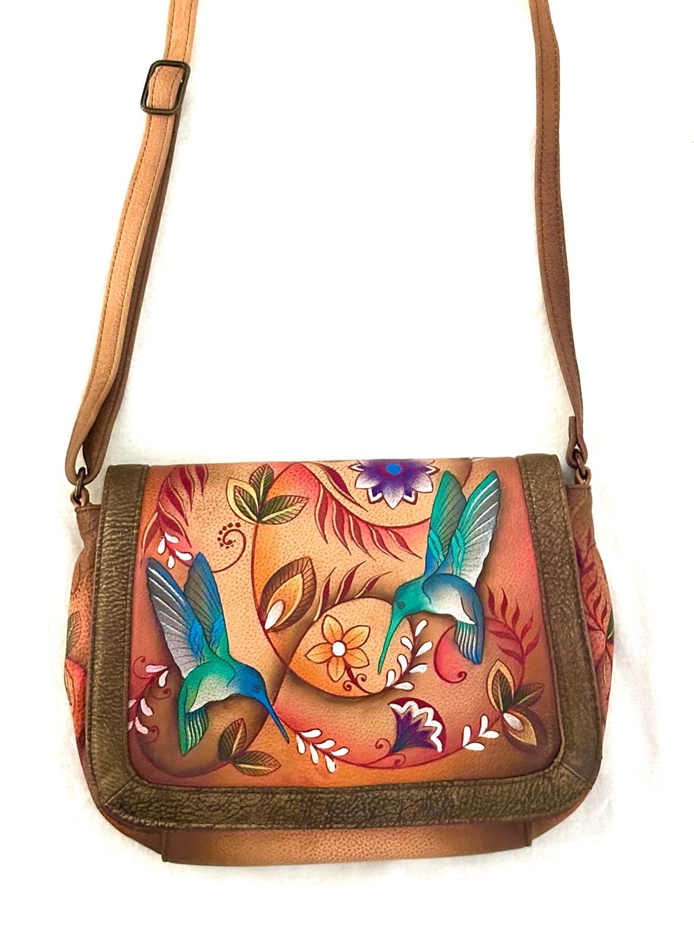 Anuschka Hand-Painted Leather Teal Hummingbird Crossbody Bag New - Picture 3 of 16